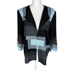Ming Wang Women's Geometric Patchwork Open Front Cardigan Jacket Black Blue L